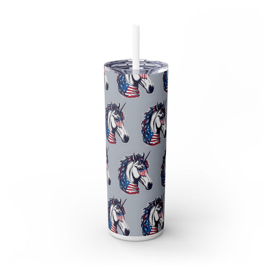Patriotic American Unicorn Skinny Tumbler | United States Freedom Loving Horse Insulated Cup | US Flag Veteran Gift Patriot Drink Traveler