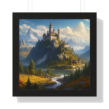 Video Game Fantasy Castle, RPG Valley Framed Poster, Mountain Nature Scene Picture, Open World Style Wall Hanging, Gamer Office Scenery