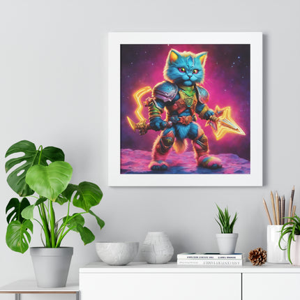 COSMIC WARRIOR CAT - Rainbow Neon Armor Kitten Framed Wall Art