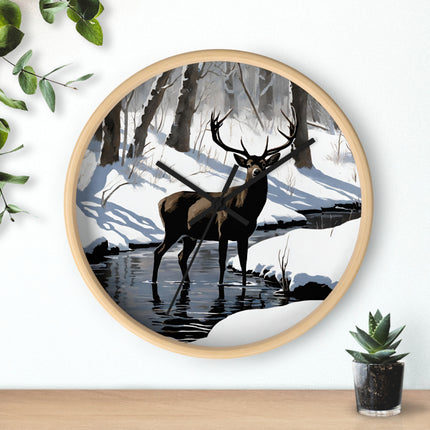 Deer Hunter Wall Art Clock | Winter Creek Big Buck Wall Hanging | Snowy Nature Scenic Home Office Hunting Lovers Gift