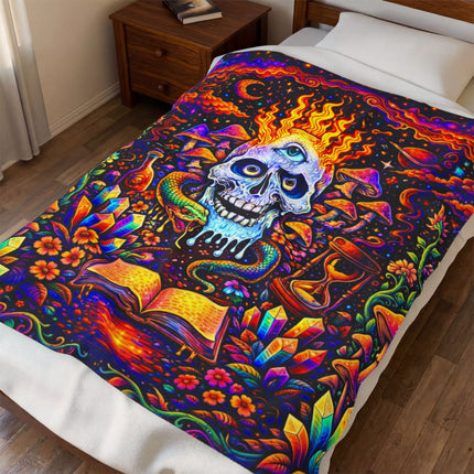 PSYCHEDELIC MIND'S EYE FLAMING BLUE SKULL Trippy Mushroom Blanket