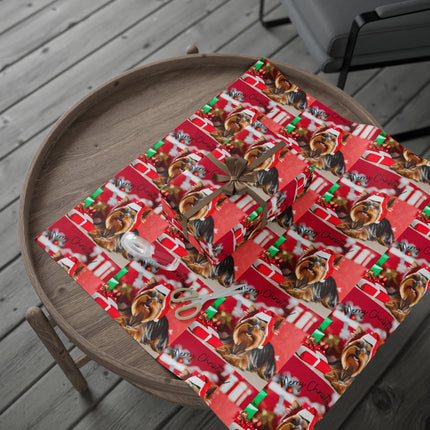 Dog Christmas Wrapping Paper Yorkshire Terrier, Santa Hat Yorkie Gift Wrap, Holiday Gift Wrap Roll