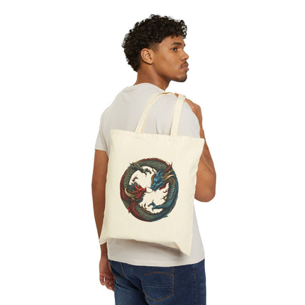 Chinese Dragon Yin Yang Canvas Tote, Red and Blue Twin Reptile Circle Bag, Grocery Shopping Cotton Carrier Traveler
