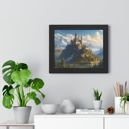 Video Game Fantasy Castle, RPG Valley Framed Poster, Mountain Nature Scene Picture, Open World Style Wall Hanging, Gamer Office Scenery