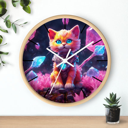 COSMIC CRYSTAL GUARDIAN CAT Wall Clock - Fantasy Feline Galaxy Decor