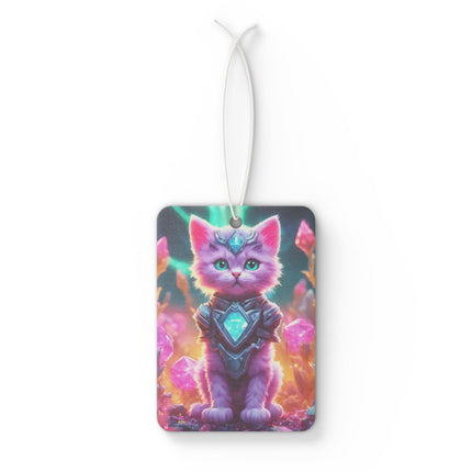 Neon Violet Pink Fur Warrior Cat Car Air Freshener, Crystal Gem Field Feline Scented Gift, Armored Cosmic Furry Kitten Truck Auto Accessory
