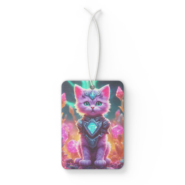 Neon Violet Pink Fur Warrior Cat Car Air Freshener, Crystal Gem Field Feline Scented Gift, Armored Cosmic Furry Kitten Truck Auto Accessory