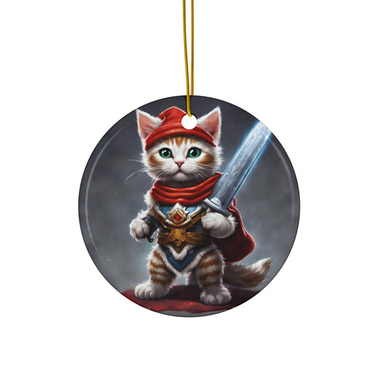 Kitten Christmas Ornament, Holiday Tree Decoration, Adorable Cat Gift, Round Ceramic Keepsake, KITTEN WARRIOR