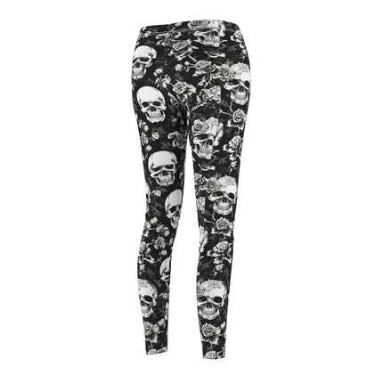 Skull and Flowers Skinny Leggings, Womens Bone Flower Garden Lounge Tights, Flowered Design Skeleton Black and White Pants