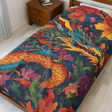 JAPANESE DRAGON FLOWER Blanket - Floral Asian Serpent Art Plush Throw
