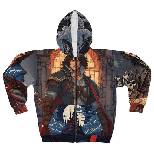 Castlevania Inspired Richter Belmont Dracula Collage Video Game Zip Hoodie, Gamer Gift, Retro Gaming Hooded Sweatshirt, Retro NES Wear