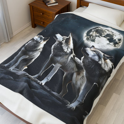 Moon Wolves Blanket | Night Sky Mountain Wolf Pack Bed Throw | Starry Dark Full Lunar Gift | Wooded Wild Dogs Bedroom Light Warm Comforter