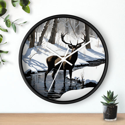 Deer Hunter Wall Art Clock | Winter Creek Big Buck Wall Hanging | Snowy Nature Scenic Home Office Hunting Lovers Gift