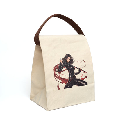 Anime Girl Canvas Lunch Bag, Beautiful Leather Clad Ninja Assassin, Double End Katana Sword Blade, Adult or Teen Work Office & School Gift