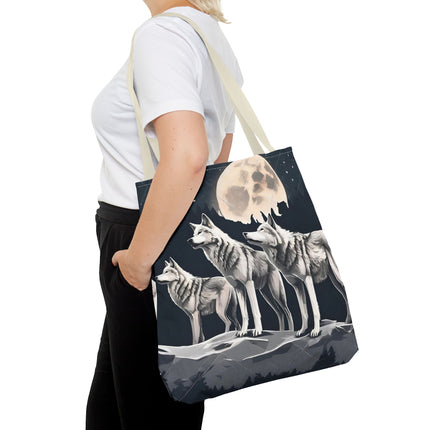 Moon Wolves Tote | Night Sky Mountain Wolf Pack Grocery Bag | Laptop & Book Carrier | Home Office Wooded Wild Dogs Travel Overnight Gift
