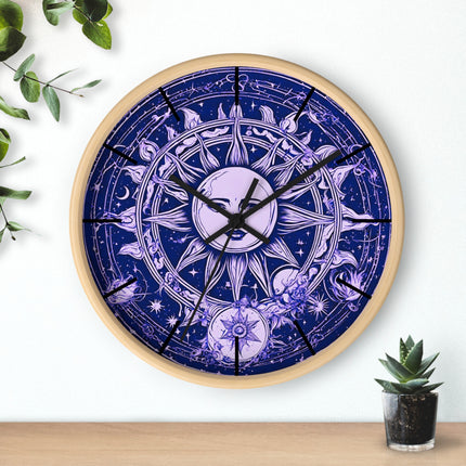 Amethyst Sun Wall Art Clock | Celestial Solstice Astronomy Wiccan Hanging | Moon & Constellations Home Office Solar System Pagan Decor Gift