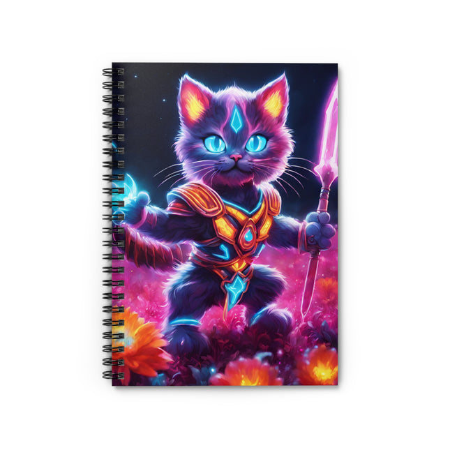 Neon Glowing Warrior Cat Spiral Notebook, Girls Lush Flower School Notepad, Armored Kitten with Spear, Cosmic Space Spiral Journal