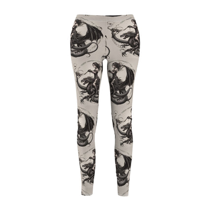 Women's Goth Medieval Dragon Casual Leggings, Reptile Riding Beauty Elastic Bottoms, Tight Black and Beige Pants