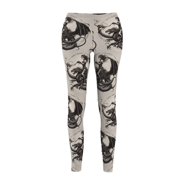 Women's Goth Medieval Dragon Casual Leggings, Reptile Riding Beauty Elastic Bottoms, Tight Black and Beige Pants