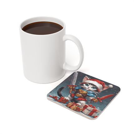 Christmas Drink Coaster Kitten Drink Holder Santa Warrior Kitten Snow Sled Cat Lover Cork Coaster