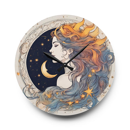 Moon Goddess Acrylic Art Clock | Lunar Stars & Space Astronomy Wall Hanging | Astrology Woman Home Office Solar System Wall Decor Gift