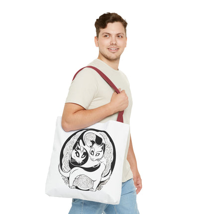 Cat Lovers Tote | Cats Yin Yang Style Grocery Bag | MEOW Chinese Print 2 Sided Office Carry All | School Supplies Kitten Carrier Tote