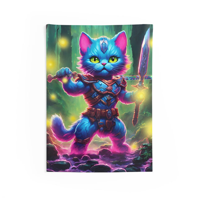 Warrior Cat Firefly Art Tapestry, Blue Armored Kitten Glowing Forest Wall Hanging, Pink Glowing Stone Creek Mystical Bed & Game Room Gift