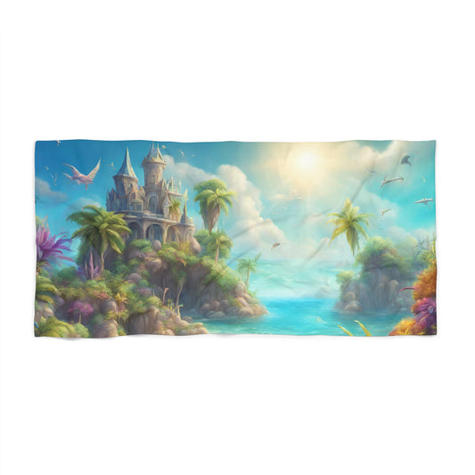 Majestic Fantasy Hidden Island Castle Beach Towel | Sunny Ocean Getaway Swimming Pool Blanket | Poolside Sand & Water Deck Tanning Sunbather