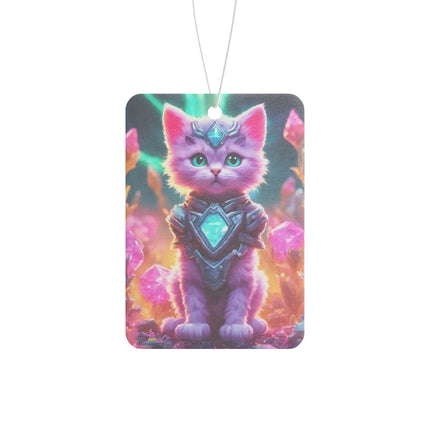Neon Violet Pink Fur Warrior Cat Car Air Freshener, Crystal Gem Field Feline Scented Gift, Armored Cosmic Furry Kitten Truck Auto Accessory