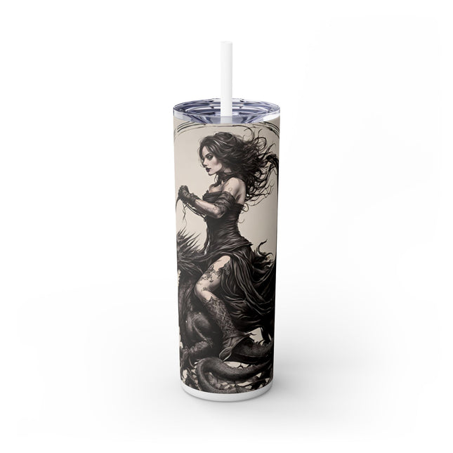 GOTHIC MEDIEVAL FLYING DRAGON Skinny Tumbler - Woman Beast Rider Dark Fantasy Cup