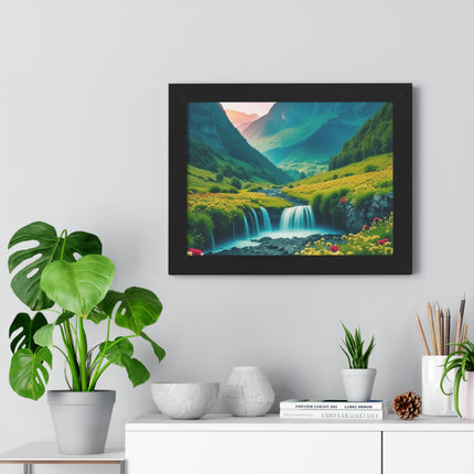 Beautiful Mountain Valley Framed Poster, Waterfall Nature Scene Picture, Flower Blossom Spring Wall Hanging, Flowing River Office Scenery