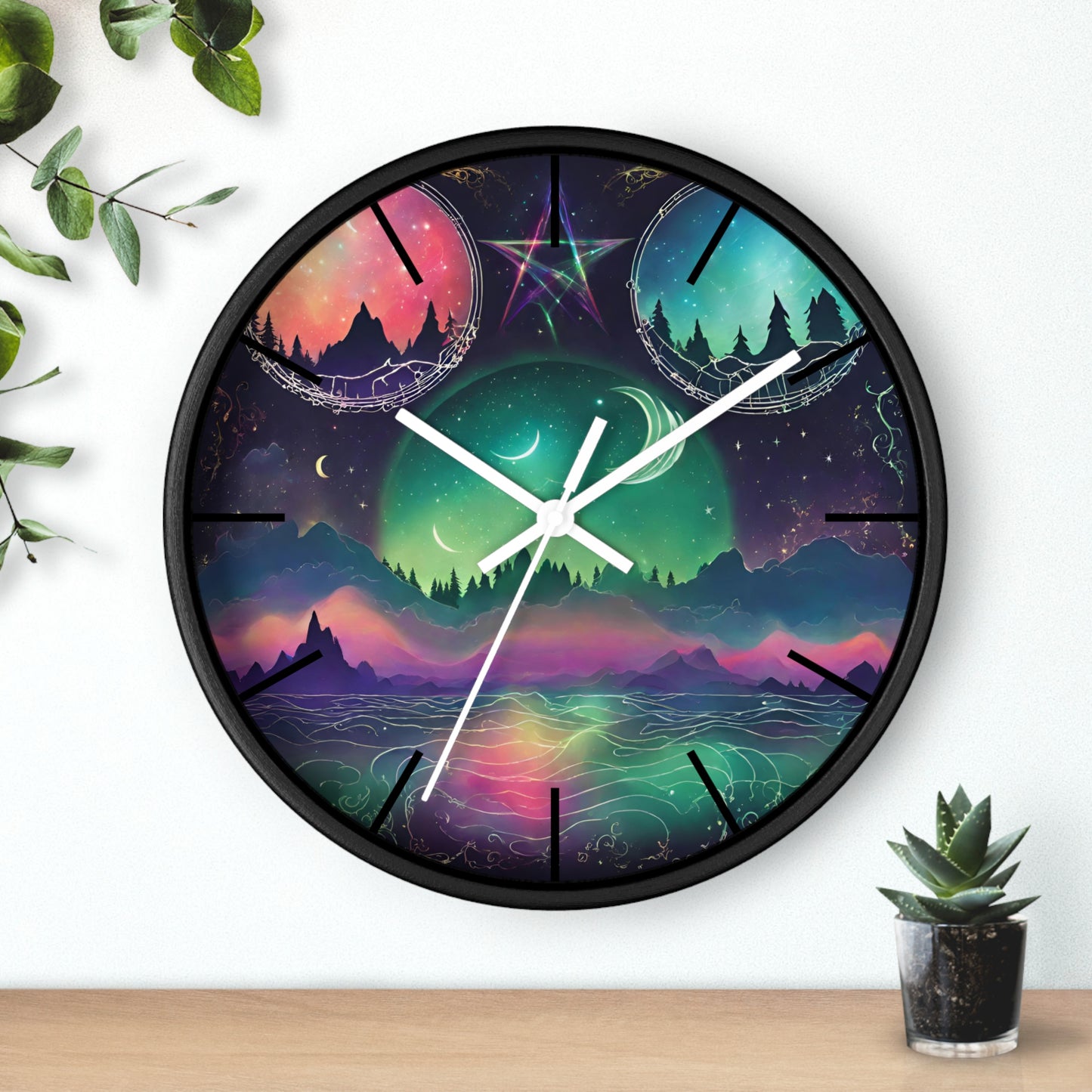 Moonlight Mountains Wall Clock | Aurora Borealis Astronomy Star Moons Constellations Office Decor Gift, Solar System Home Hanging Unique Art