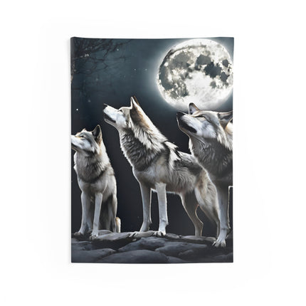 Moon Wolves Wall Decor | Night Sky Mountain Wolf Pack Tapestry | Starry Dark Full Lunar Gift | Wooded Wild Dogs Game & Bedroom Wall Hanging