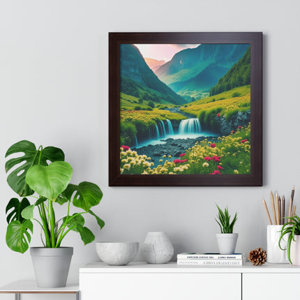 Beautiful Mountain Valley Framed Poster, Waterfall Nature Scene Picture, Flower Blossom Spring Wall Hanging, Flowing River Office Scenery