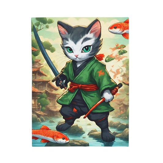 Samurai Warrior Cat Blanket, Japanese Koi Fish Kitten Warm Couch Throw Blanket, Sword Blade NInja Bed Cover, River Bed Bedroom Plush Sheet