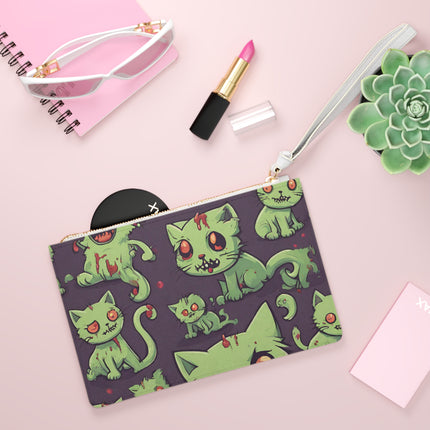 Zombie Cat Clutch Bag, Undead Brain Kittens Makeup Case, Bloody Green Feline Kitty Wallet Purse, Cute Zombie Lover Gift