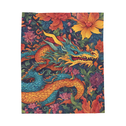 JAPANESE DRAGON FLOWER Blanket - Floral Asian Serpent Art Plush Throw