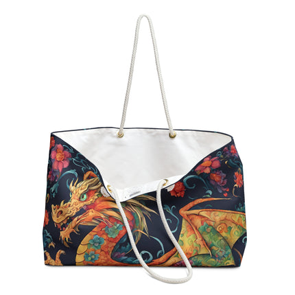 Custom Weekender | Japanese Dragon Travel Bag | Flowered Floral Serpent Japan Style Cruise Airplane & Hotel Road Trip Overnight Carrier