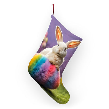 Personalized Bunny Rabbit Easter Stocking, (Two Sided), Basket Hide Seek Gift Stuffer, Kids Adults Cute Fun Rainbow Furry Egg Sock