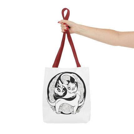 Cat Lovers Tote | Cats Yin Yang Style Grocery Bag | MEOW Chinese Print 2 Sided Office Carry All | School Supplies Kitten Carrier Tote