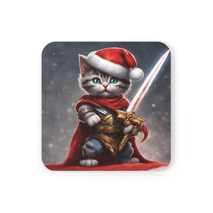 Christmas Drink Coaster Kitten Drink Holder Santa Warrior Kitten Snow Sled Cat Lover Cork Coaster