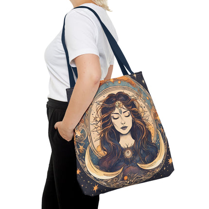 Sun & Moon Goddess Tote | Lunar Stars and Space Astronomy Grocery Bag | Wiccan Dreams Office Laptop Book Carrier | Solar System Travel Gift