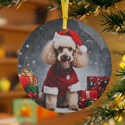 HAPPY POODLE Glass Christmas Ornament