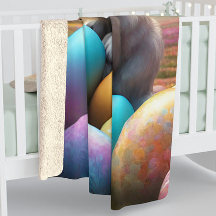 Easter Gift, Bunny Blanket, Fantasy Art, Rabbit Cover, Colored Egg Fleece, Flower Field, Warm Throw, Peter Cottontail, Warm Cozy Sherpa