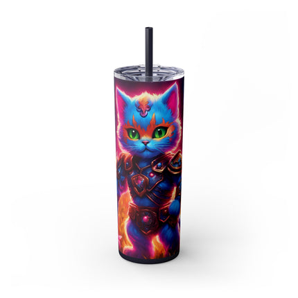 COSMIC BLUE WARRIOR CAT Skinny Tumbler - Neon Flower Field Armored Kitten Cup
