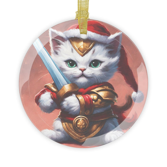 Kitten Christmas Ornament, Holiday Tree Decoration, Adorable Cat Gift, Round Glass Keepsake, KITTEN WARRIOR