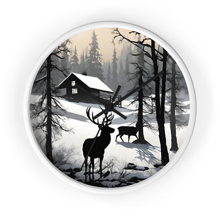 HUNTING CABIN Wall Clock - Winter Deer Scene Rustic Lodge Decor