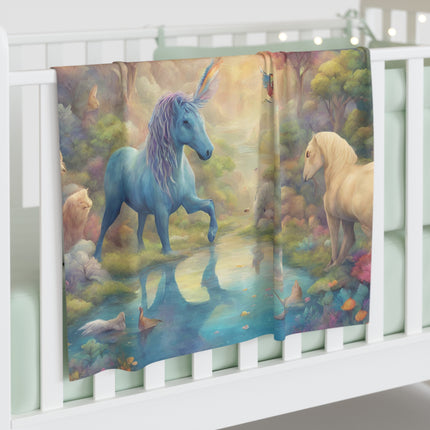 Beautiful Infant Girls Rainbow Blue Unicorn Fantasy Baby Swaddle Blanket, Dream World Majestic Birds Trees Animals Changing Cover