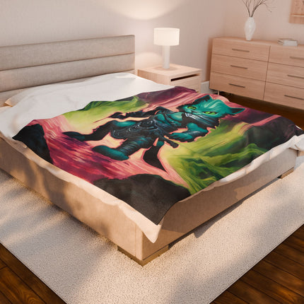 Warrior Blue Shank Cat Blanket, Waterfall Cave Kitten Warm Couch Throw, Glowing Neon Green Bed Cover, Armored Kitten Bedroom Plush Sheet
