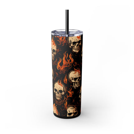 FIRE FLAMES AND SKULLS Skinny Tumbler - Skeleton Biker Motorcycle Insulated Cup